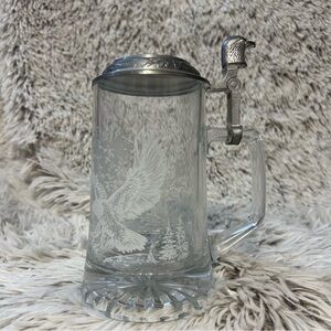 Vtg German Beer Stein w/ Pewter Eagle Head Lid Etched Glass‎ Beer Mug Cold Drink